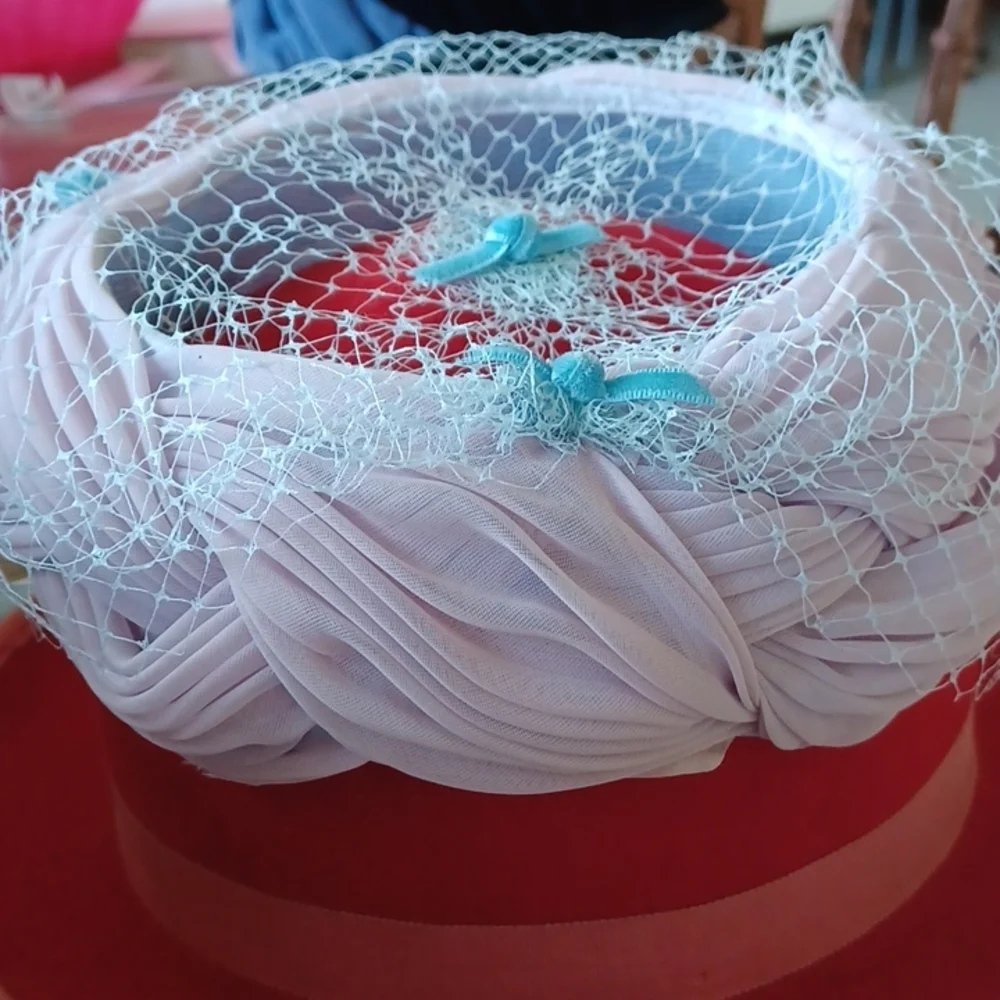 VINTAGE HAT Draped fabric with bows and LACE FACE COVER, Lavender & blue